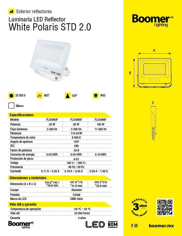 REFLECTOR LED STD BLANCO EXTERIOR 100W LUZ FRÍA