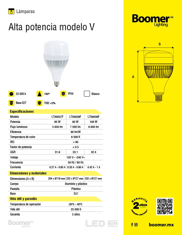 FOCO LED BALA ALTA POTENCIA 100W LUZ FRÍA BASE E27 Y E40