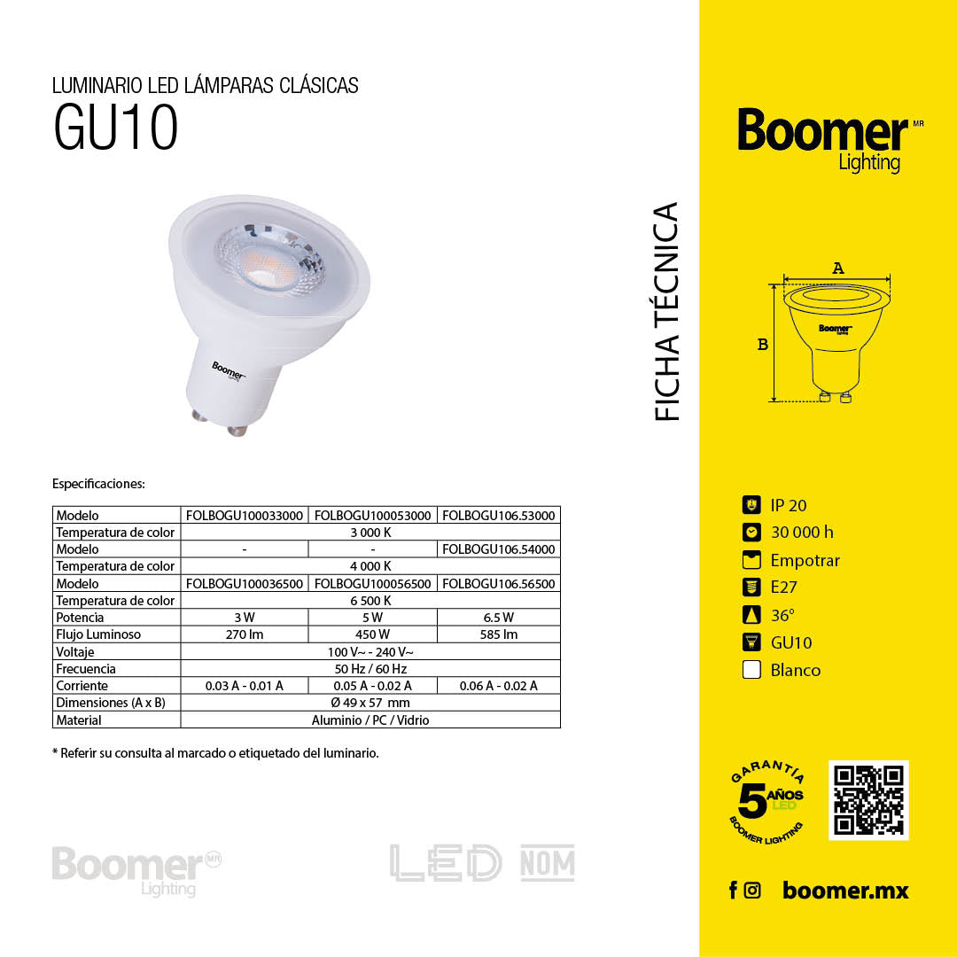 10 FOCOS LED GU10 6.5W LUZ CÁLIDA, 585 LM, NO ATENUABLE