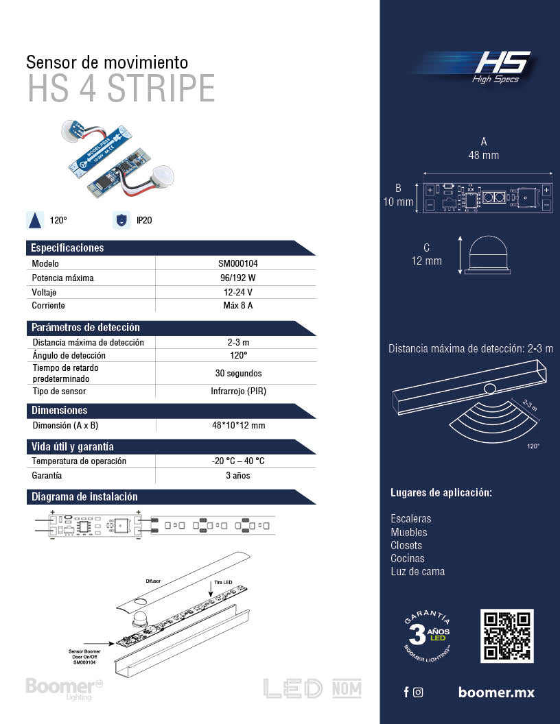 SENSOR DE MOVIMIENTO PIR HS PARA TIRA LED 12V 24V MAX 192W