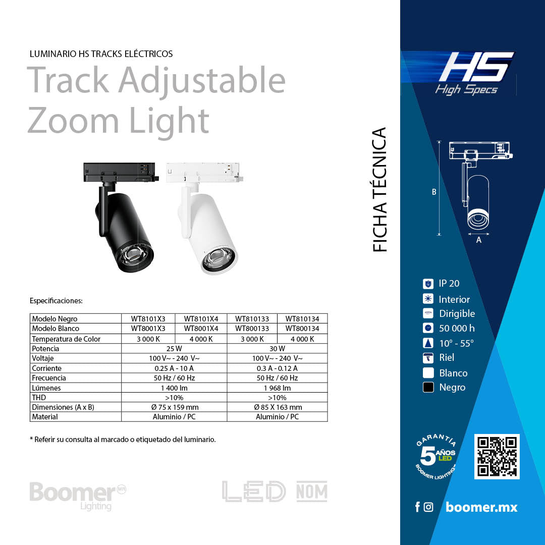 LUMINARIO HS TRACK ADJUSTABLE ZOOM LIGHT NEGRO, 30W, 3000K