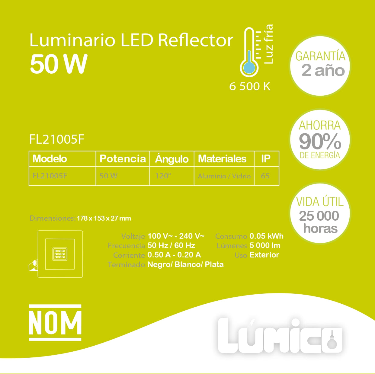 REFLECTOR LED LÚMICO, 50 W, 6500 K, IP 65, NEGRO