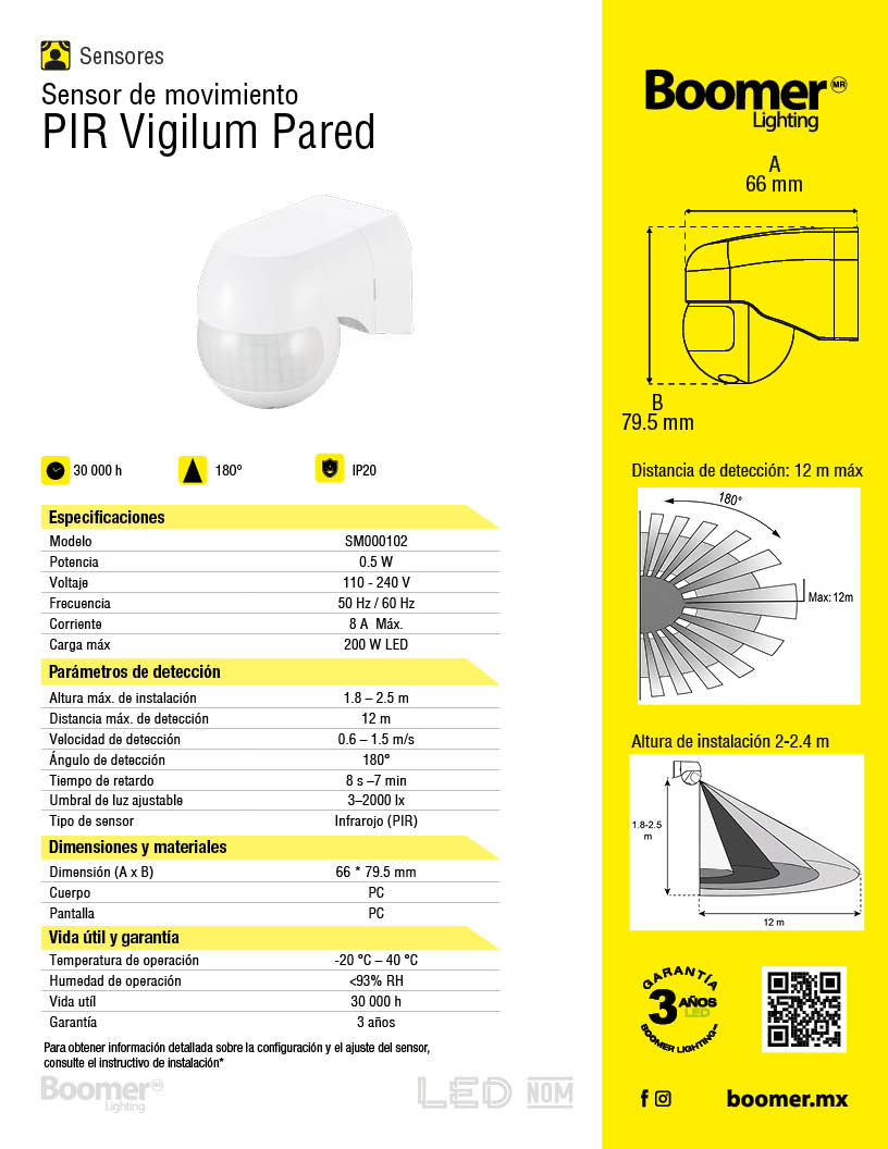 SENSOR DE MOVIMIENTO PIR PARA PARED 200W 180 GRADOS