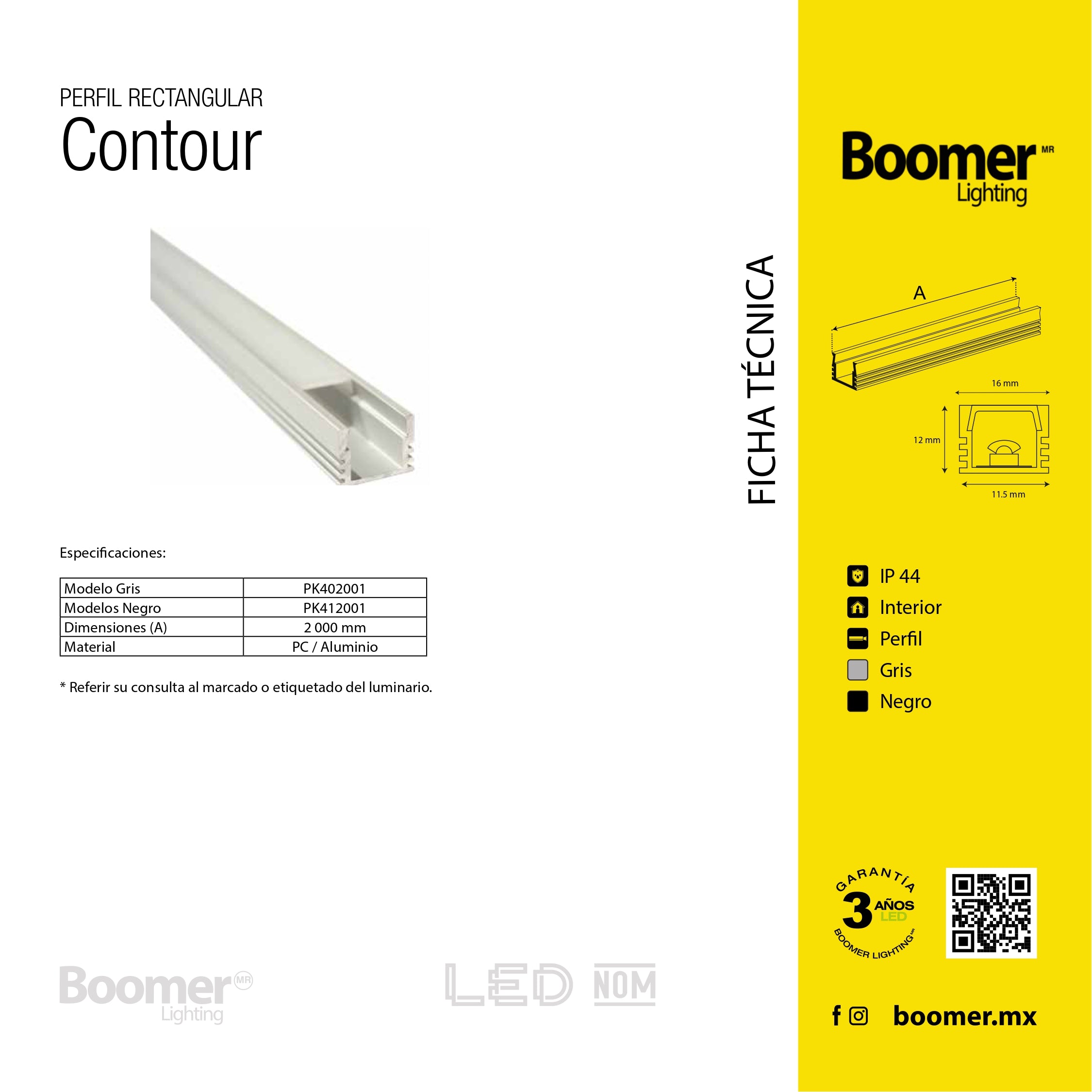 PERFIL ALUMINIO RECTANGULAR PLATA PARA TIRA, 2M, IP44