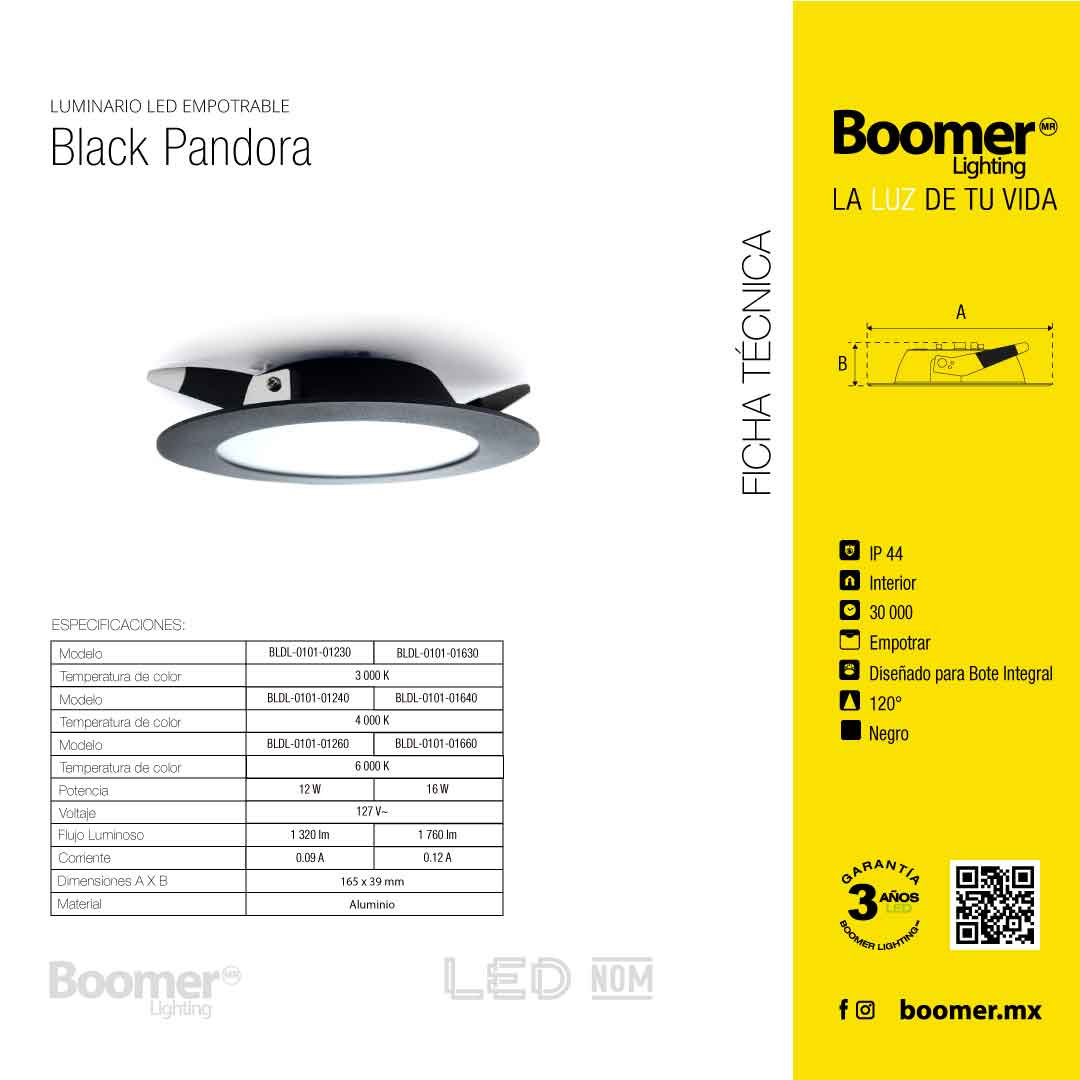 EMPOTRABLE 16W NEGRO, LUZ FRÍA, PARA BOTE INTEGRAL,1760LM