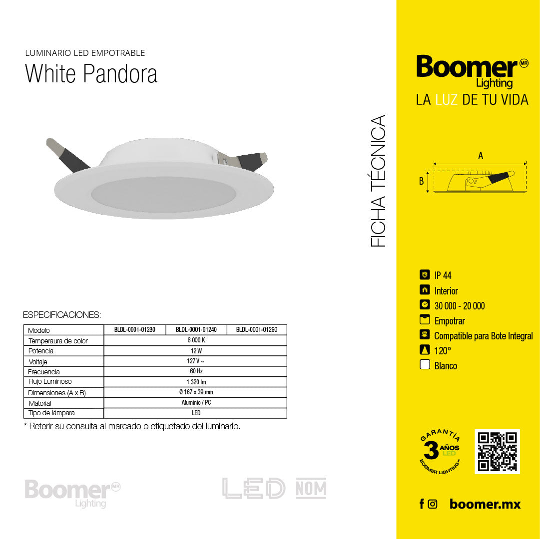 EMPOTRABLE BLANCO 12W, LUZ FRÍA, IP44, PARA BOTE, 1320LM