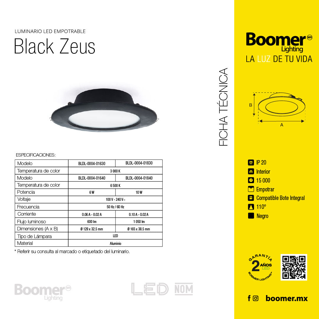 EMPOTRABLE NEGRO 10.5W, LUZ CÁLIDA IP20 BOTE INTEGRAL 1050LM
