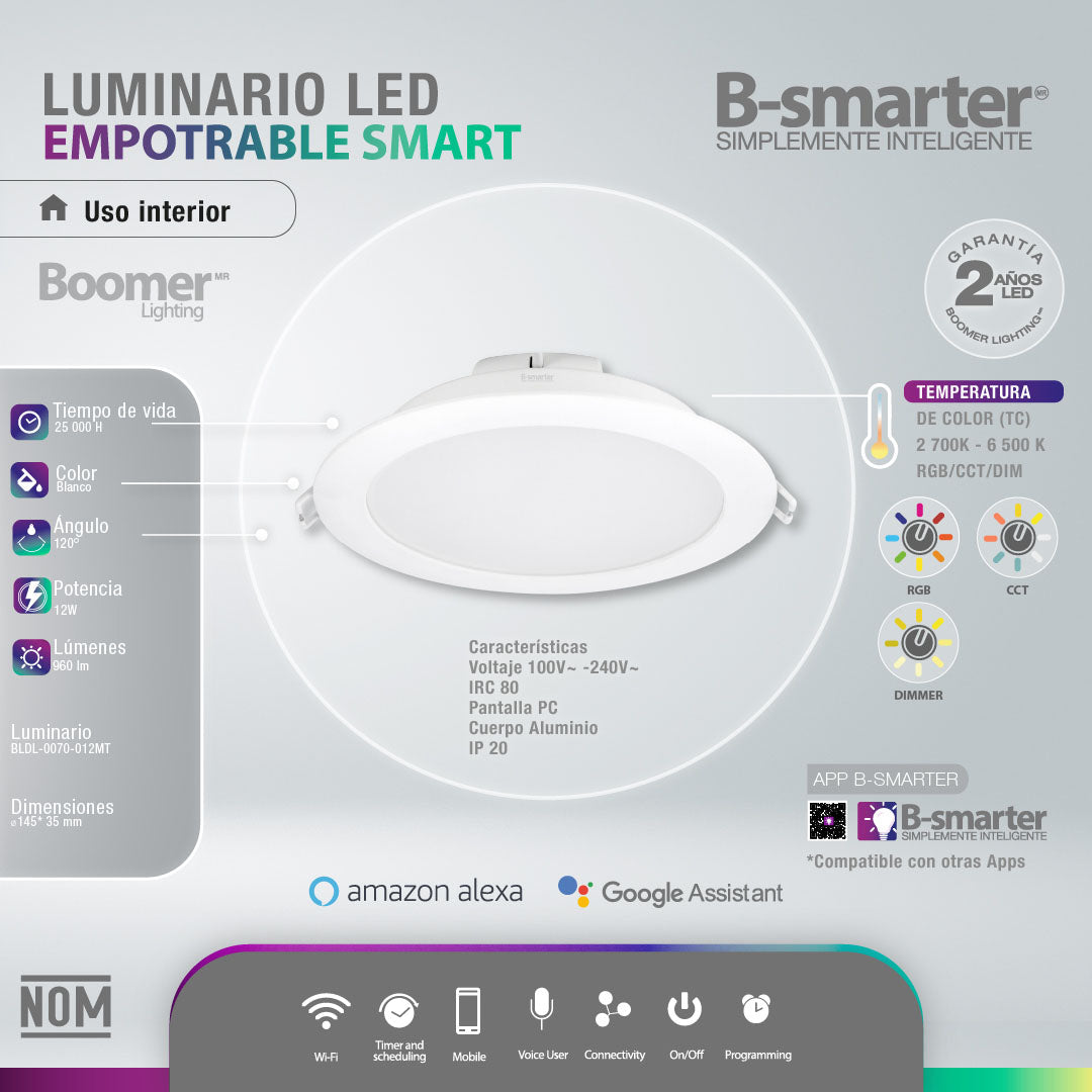 EMPOTRABLE LED INTELIGENTE 12W RGB WIFI 960LM APP ALEXA GOOGLE IP20