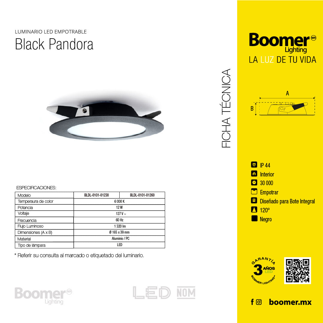 EMPOTRABLE LED 12W NEGRO LUZ CÁLIDA 1320LM IP44