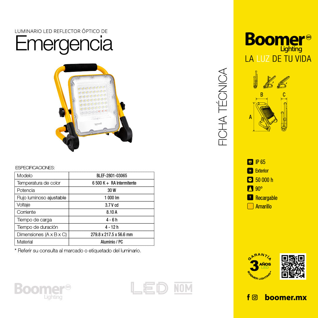 REFLECTOR DE EMERGENCIA, 30W, RECARGABLE, EXTERIOR, 1000LM