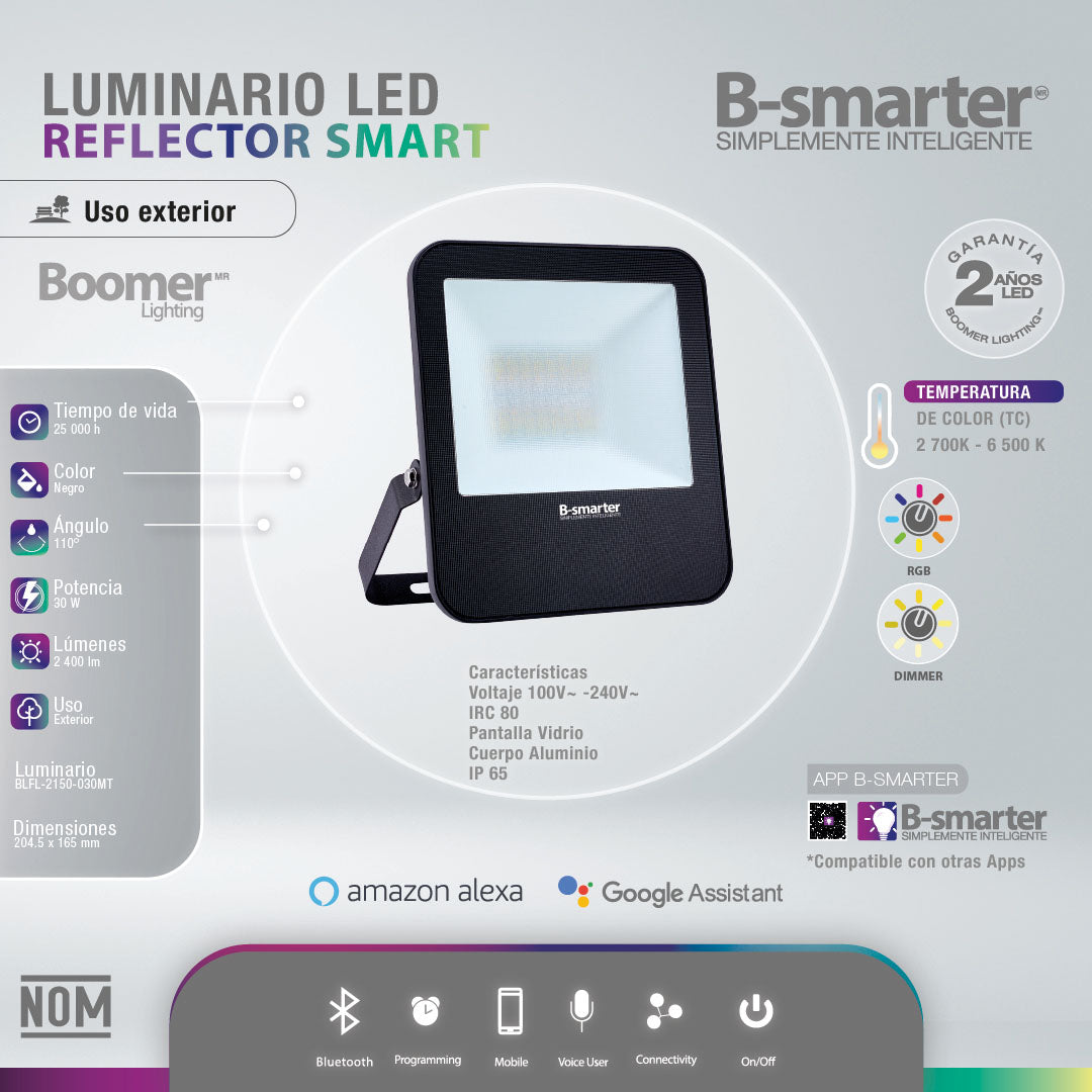 REFLECTOR INTELIGENTE 30W, 2400LM, RGB, BT, MANEJO POR APP