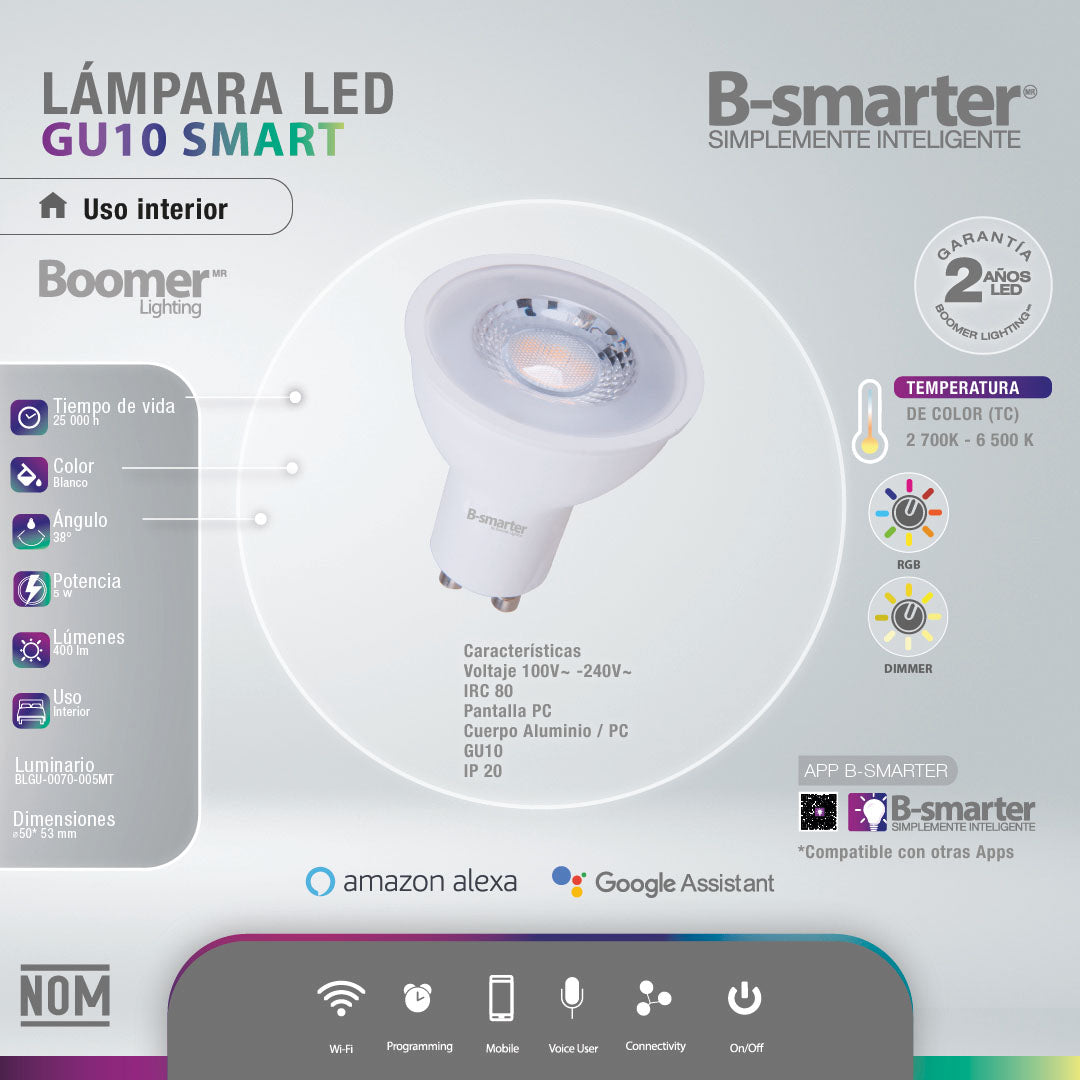 FOCO INTELIGENTE GU10 5W, RGBY, WIFI, BLANCOS DINÁMICOS, APP