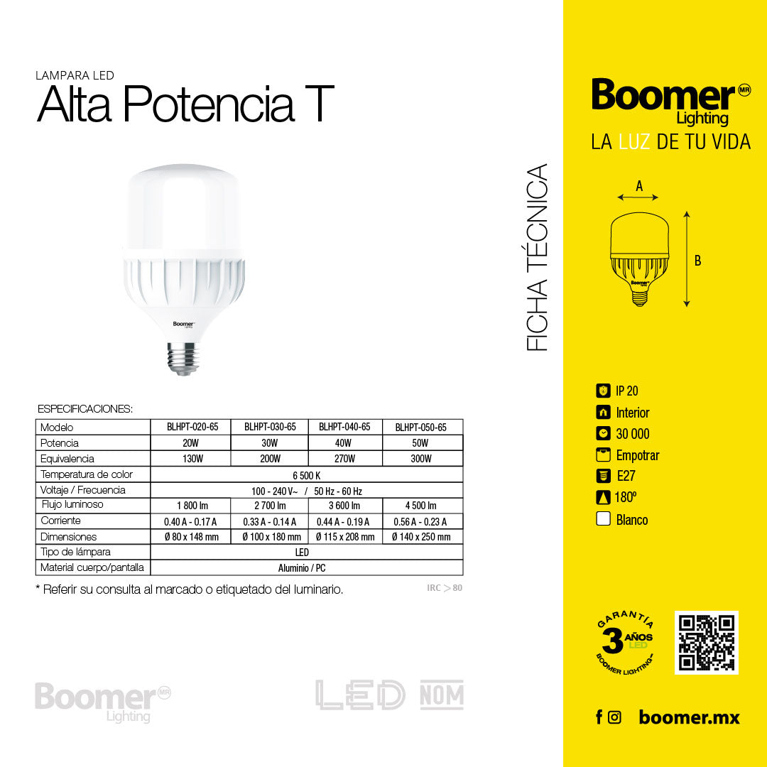 FOCO LED ALTA POTENCIA T, 50W, LUZ FRÍA, 4500 LM