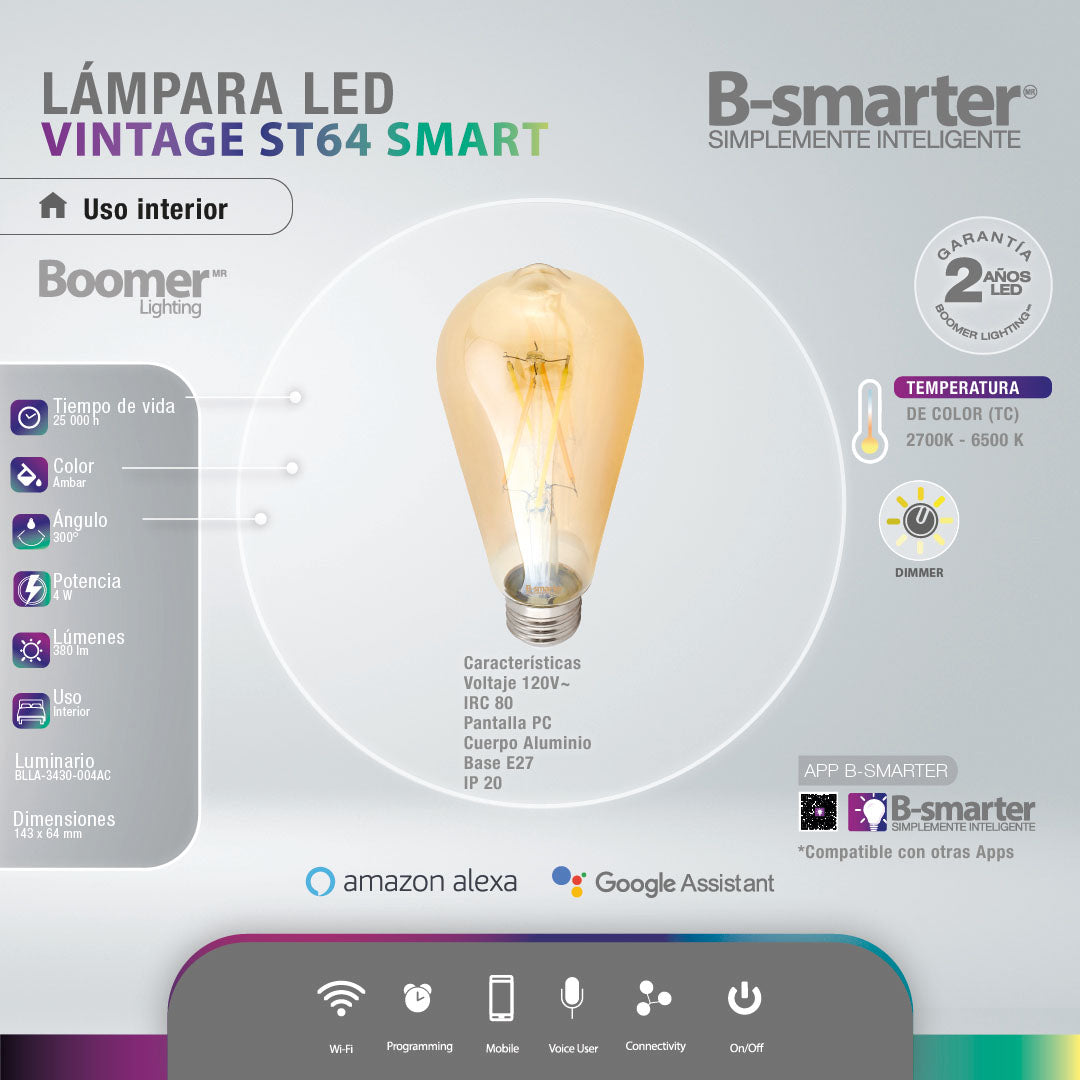 FOCO INTELIGENTE ST64 4W, WIFI BLANCOS DINÁMICOS DIMMER, APP