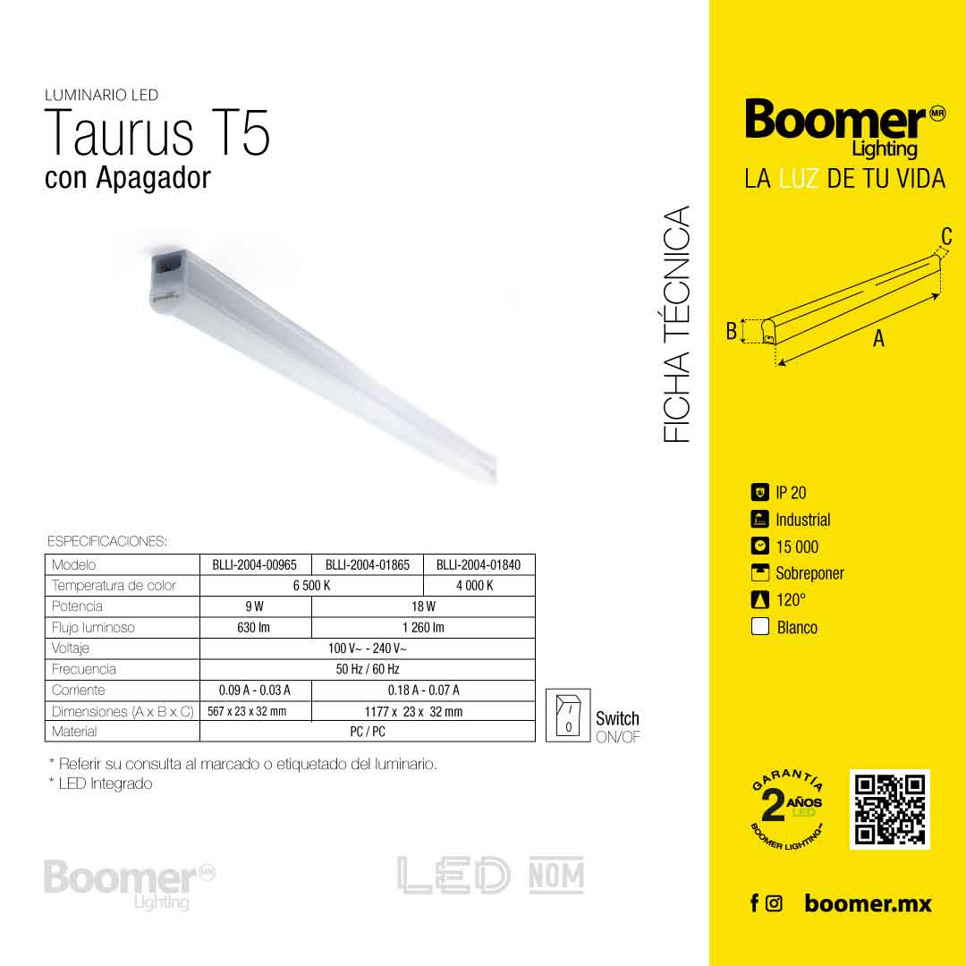 REGLETA INTERCONECTABLE T5 CON APAGADOR 9W, LUZ FRÍA 630 LM