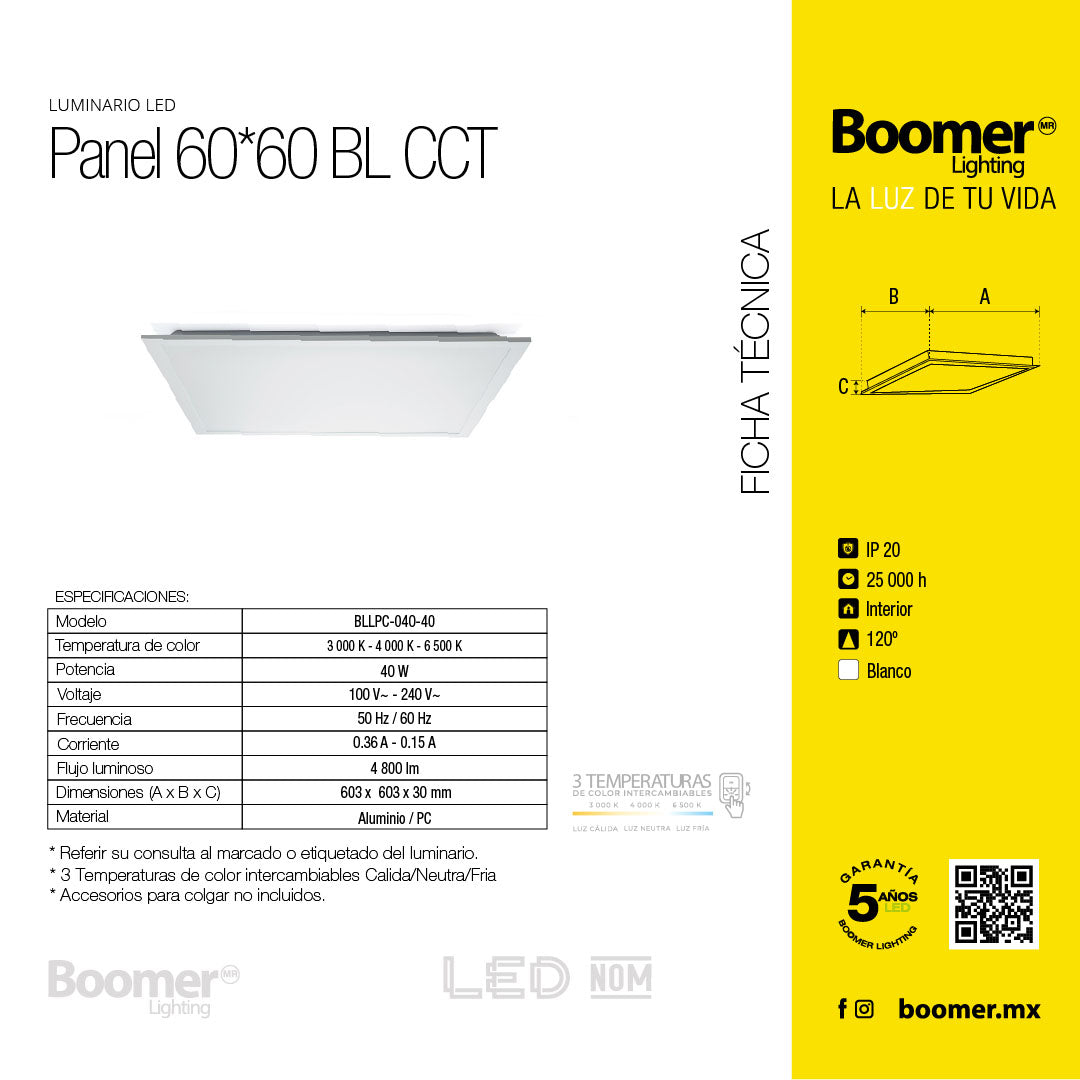 PANEL LED EMPOTRABLE .60*.60, 40W, CCT 3000K-6500K, INTERIOR