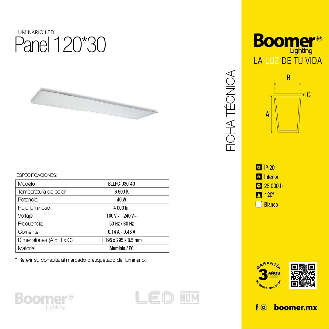 PANEL LED EMPOTRABLE 1.20*.30, 40W, LUZ FRÍA, INTERIOR