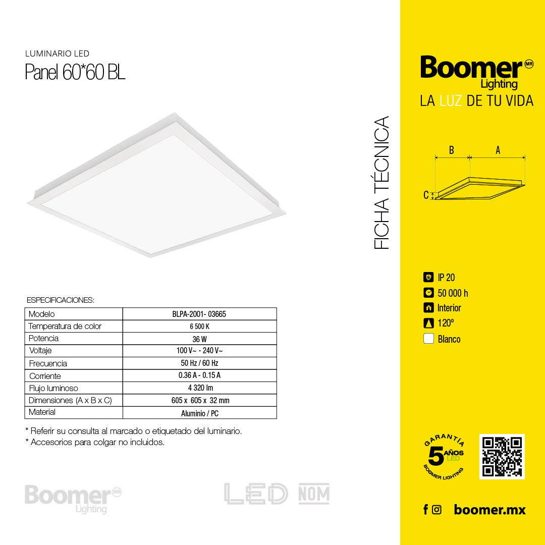 PANEL LED EMPOTRABLE .60*.60, 36W, LUZ FRÍA, INTERIOR