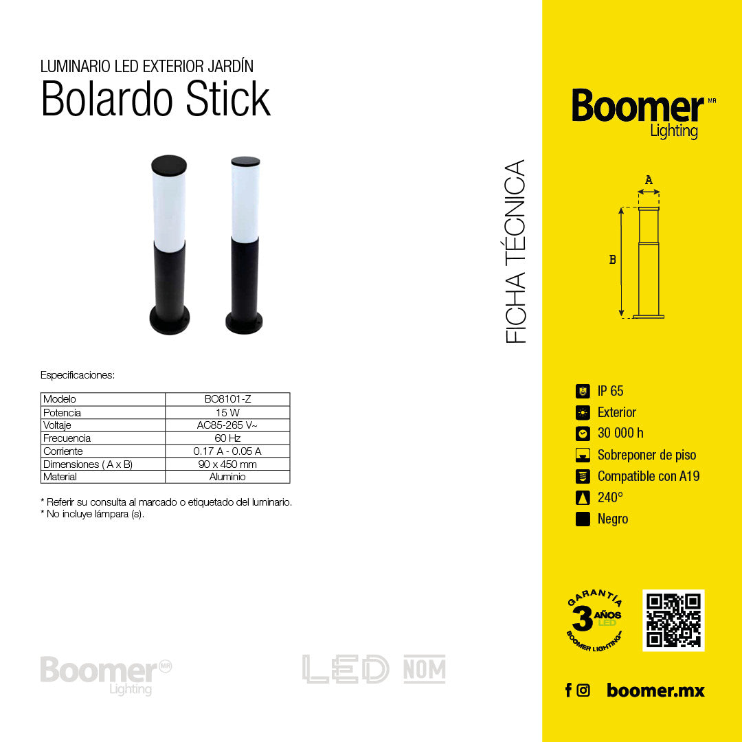 LÁMPARA BOLARDO STICK EXTERIOR 15W BASE E27 IP65