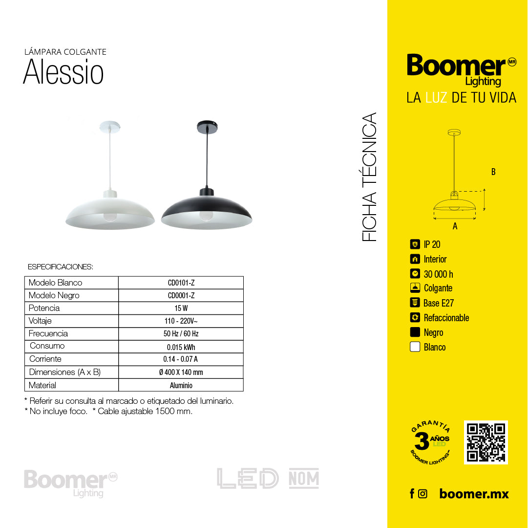 LÁMPARA COLGANTE ALESSIO NEGRO, 15 W, BASE E27, INTERIOR, AL
