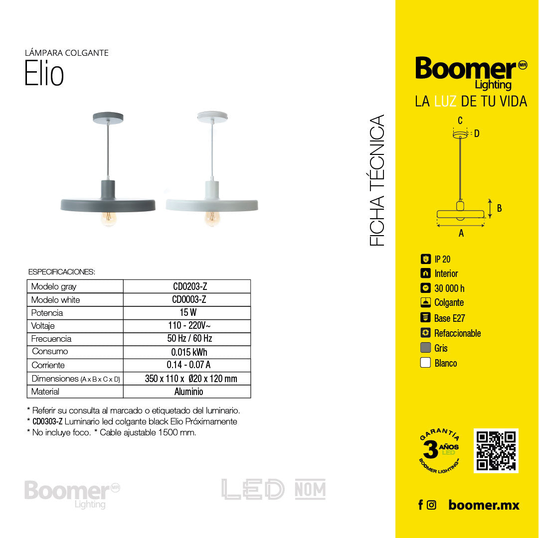 LÁMPARA COLGANTE ELIO BLANCO, 15 W, BASE E27, INTERIOR, AL