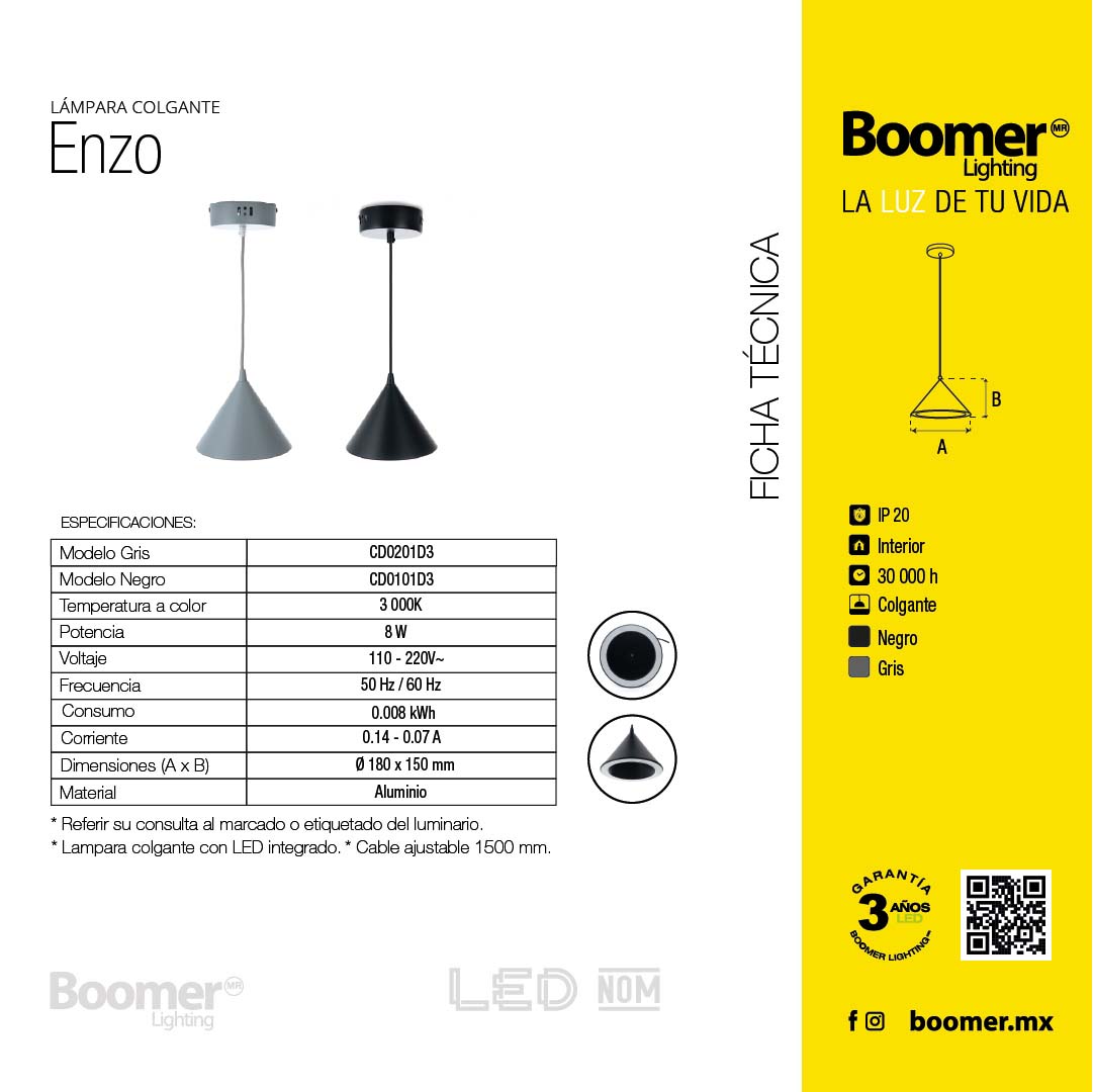 LÁMPARA COLGANTE ENZO NEGRO, 8 W, LUZ CÁLIDA, INTERIOR, AL