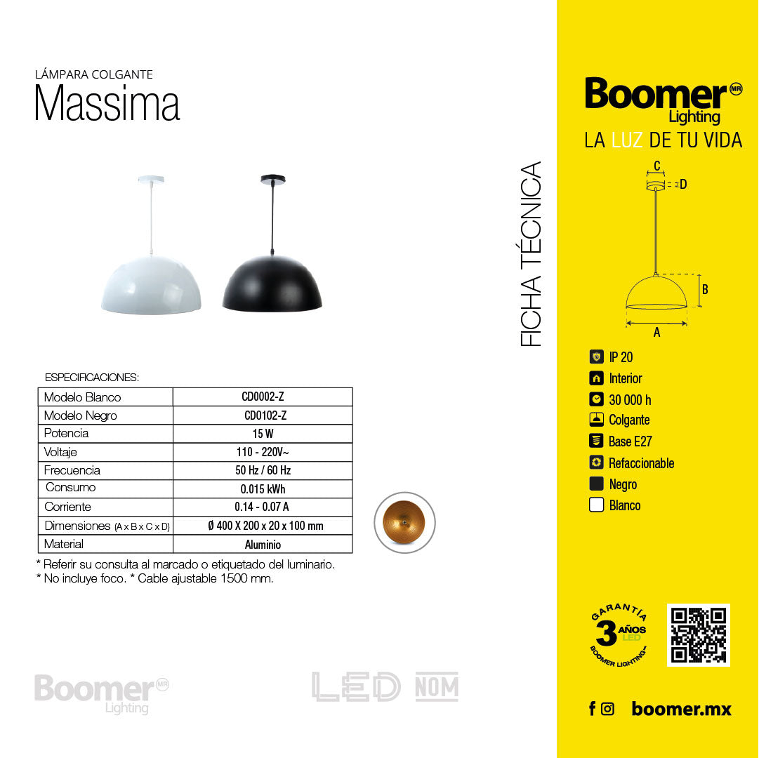 LÁMPARA COLGANTE MASSIMA NEGRO, 15 W, BASE E27, INTERIOR, AL