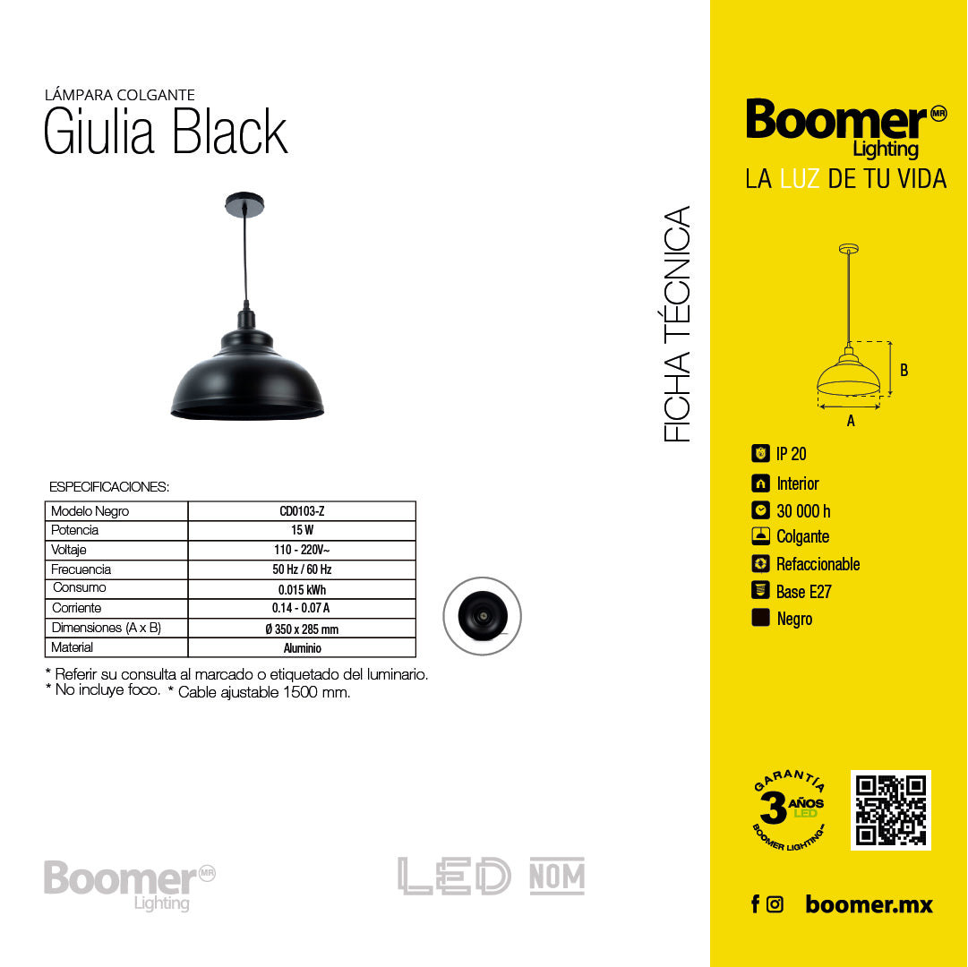 LÁMPARA COLGANTE GIULIA NEGRO, 15 W, BASE E27, INTERIOR, AL