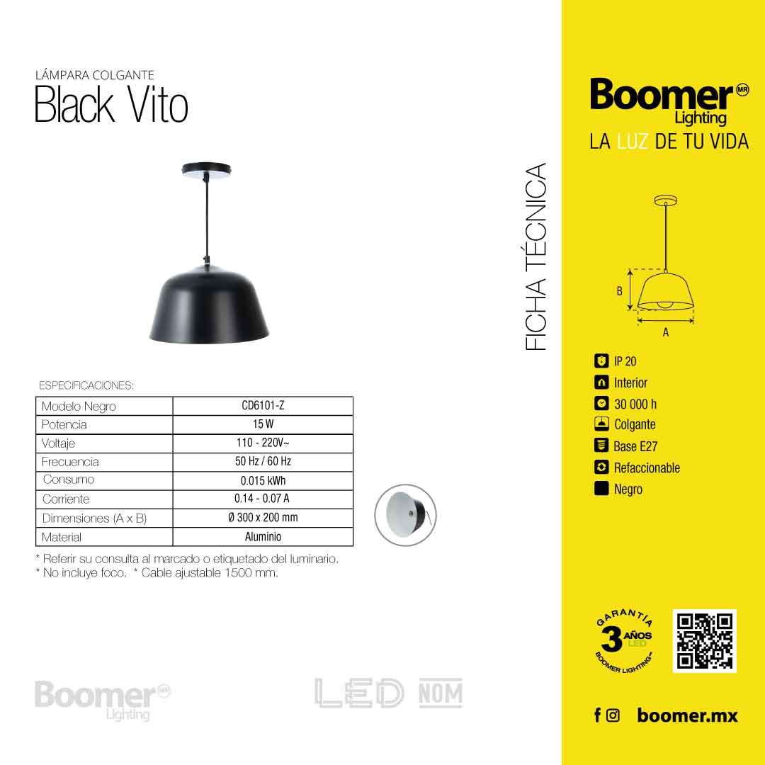 LÁMPARA COLGANTE VITO NEGRO, 15 W, BASE E27, INTERIOR, AL
