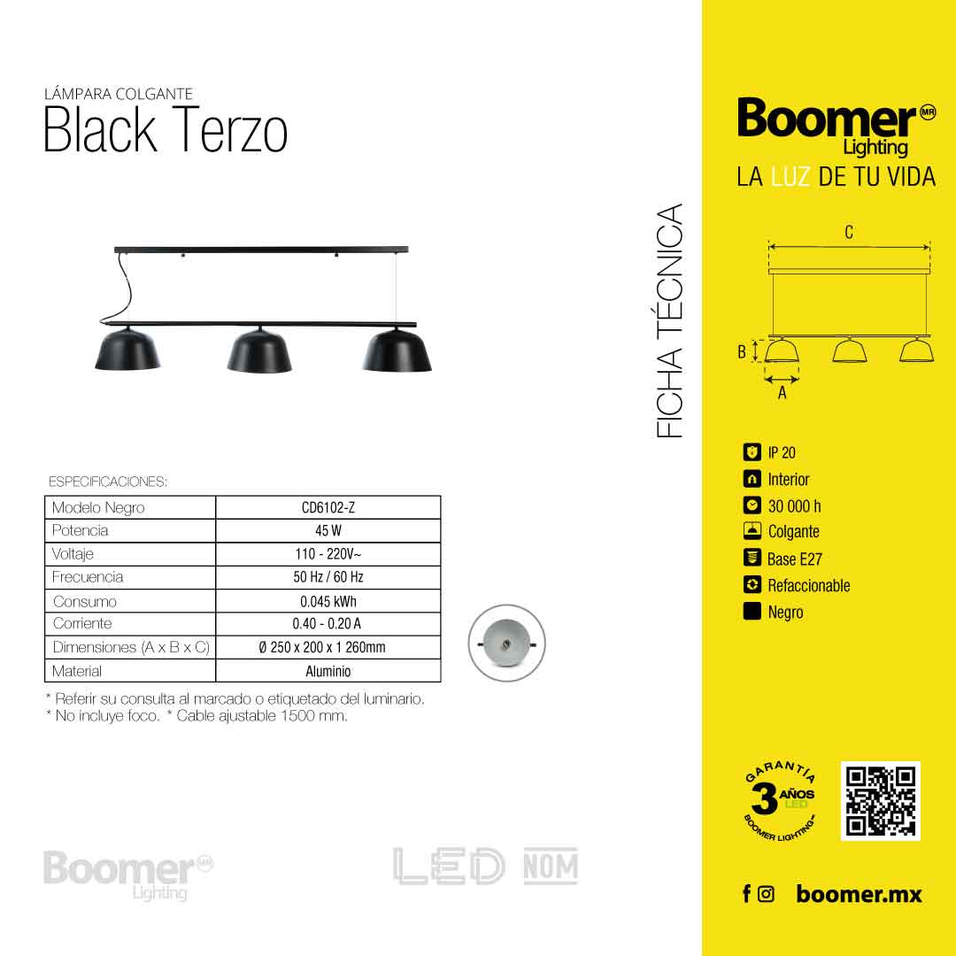 LÁMPARA COLGANTE TERZO NEGRO, 45 W, BASE E27, INTERIOR, AL