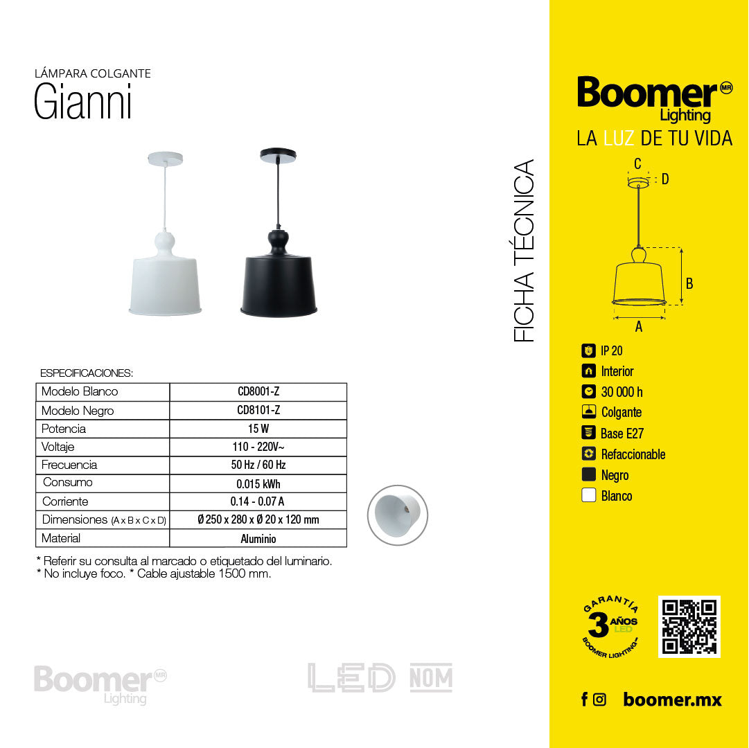 LÁMPARA COLGANTE GIANNI NEGRO, 15 W, BASE E27, INTERIOR, AL