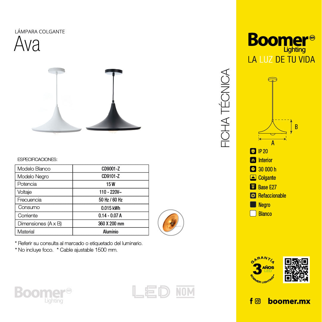 LÁMPARA COLGANTE AVA NEGRO, 15 W, BASE E27, INTERIOR, AL