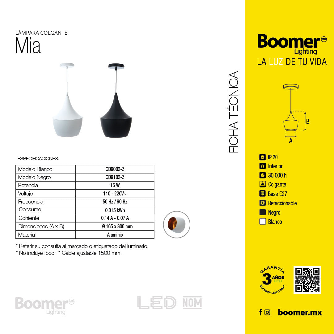 LÁMPARA COLGANTE MIA NEGRO, 15 W, BASE E27, INTERIOR, AL