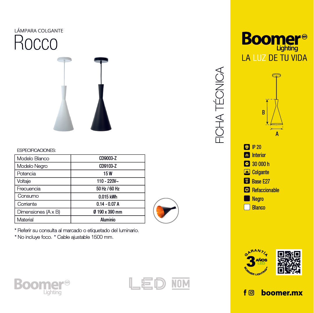 LÁMPARA COLGANTE ROCCO NEGRO, 15 W, BASE E27, INTERIOR, AL