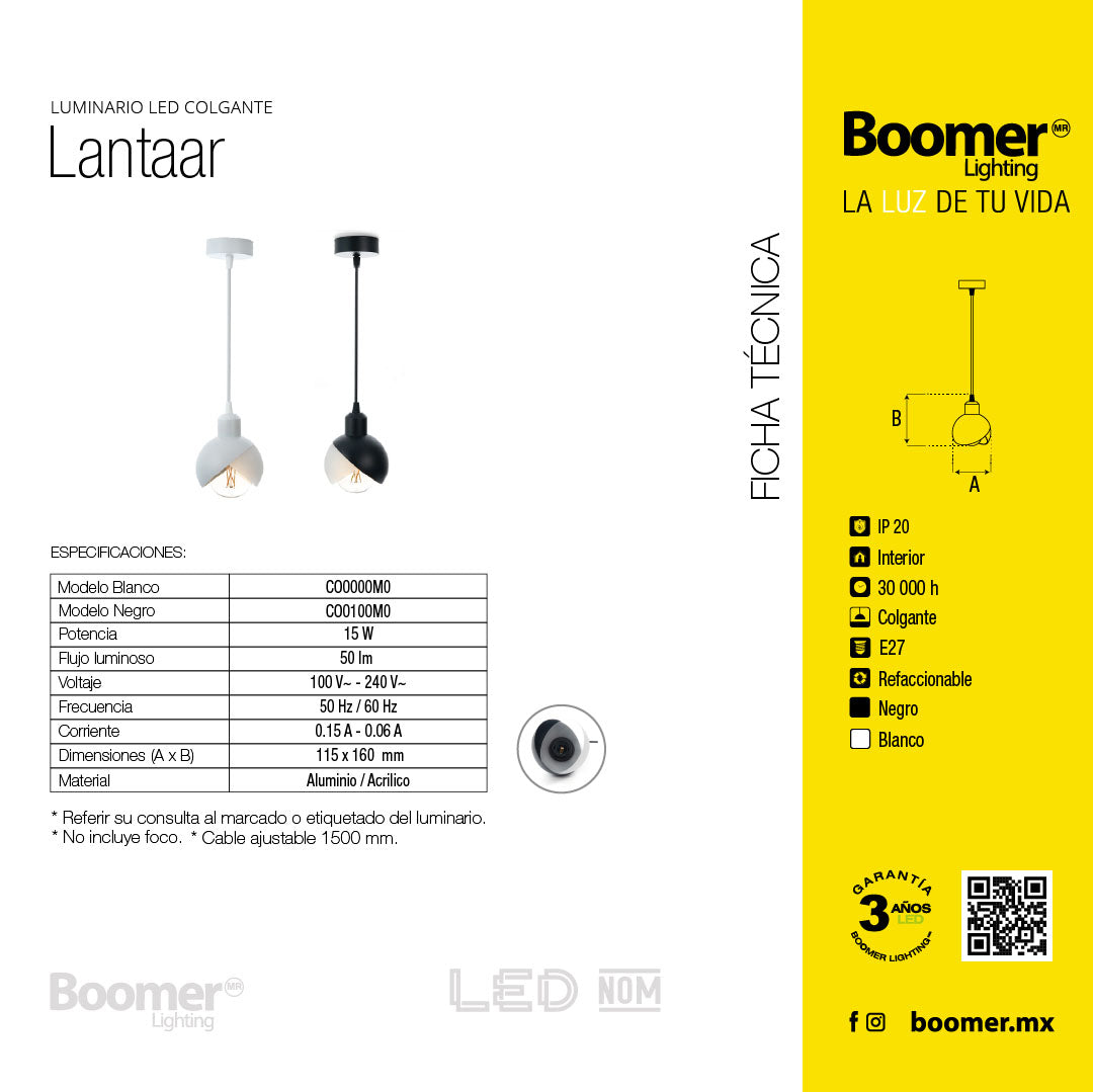 LÁMPARA COLGANTE LANTAAR BLANCO, 15 W, BASE E27 INTERIOR, AL