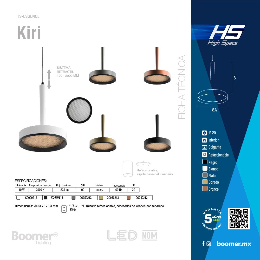 LÁMPARA COLGANTE HS-ES KIRI BLANCO 10W, 3000K, 233LM, IP20