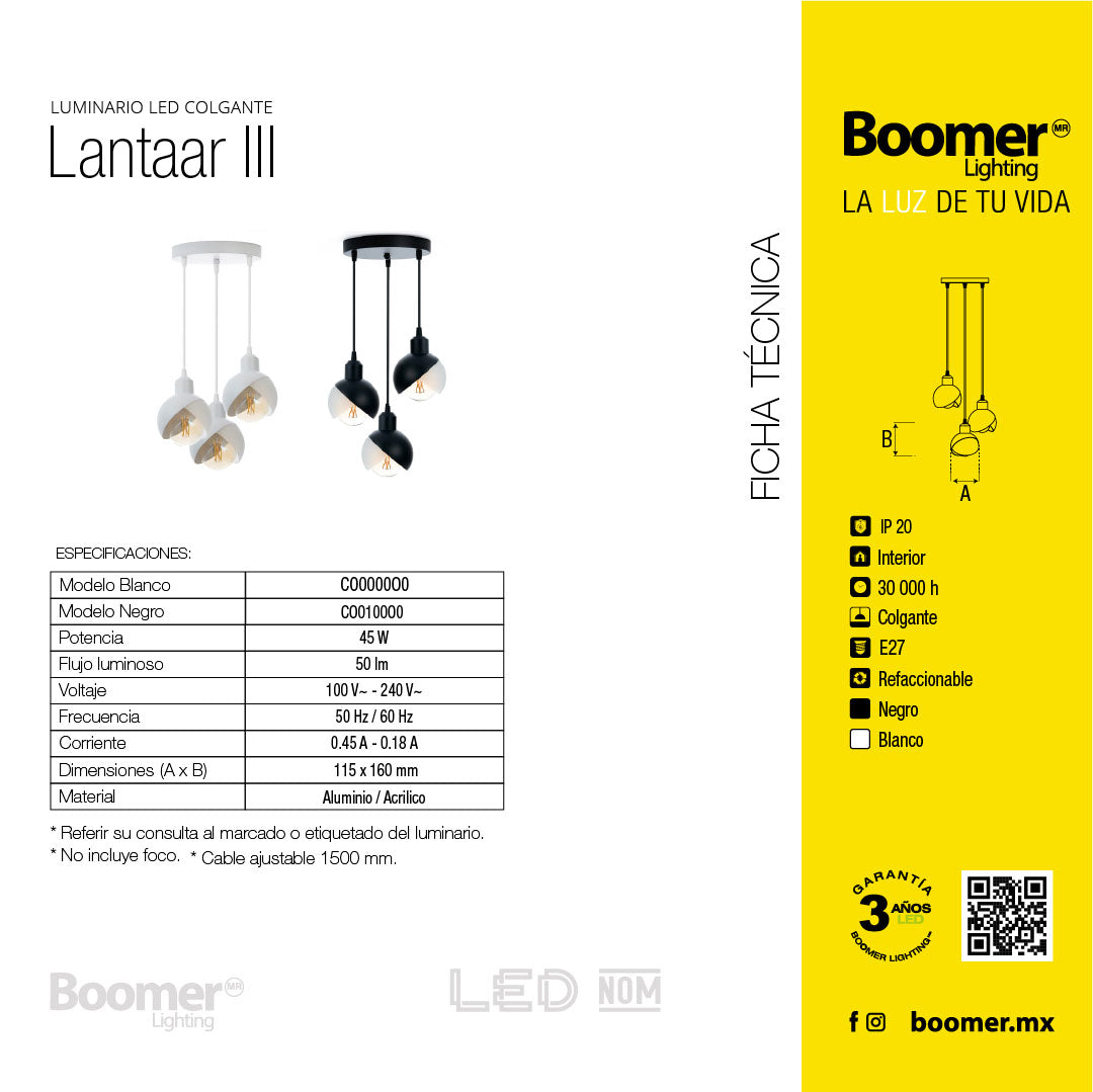 LÁMPARA COLGANTE LANTAAR 3 NEGRO, 45 W, BASE E27, INTERIOR