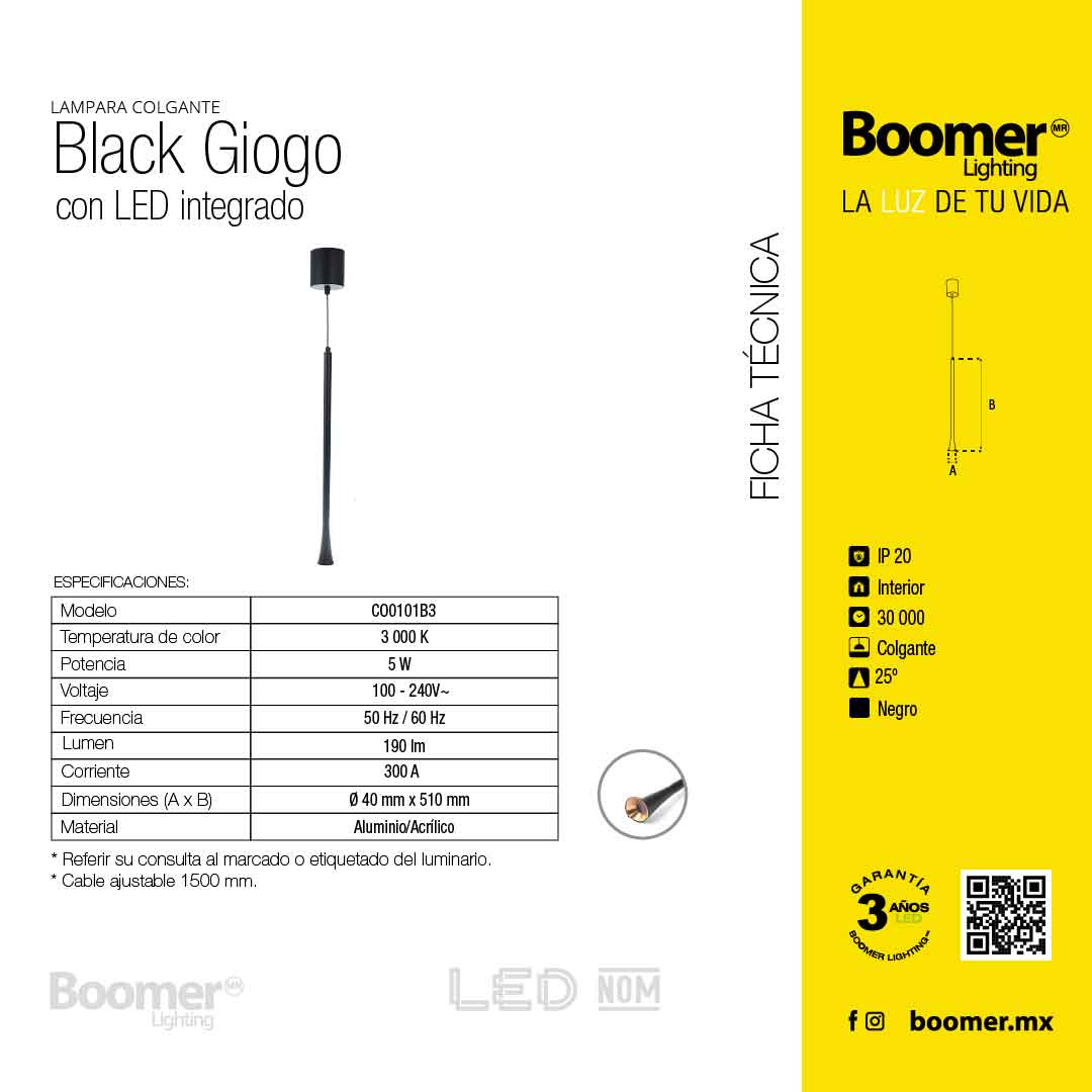 LÁMPARA COLGANTE GIOGO NEGRO, 5 W, LUZ CÁLIDA, INTERIOR, AL