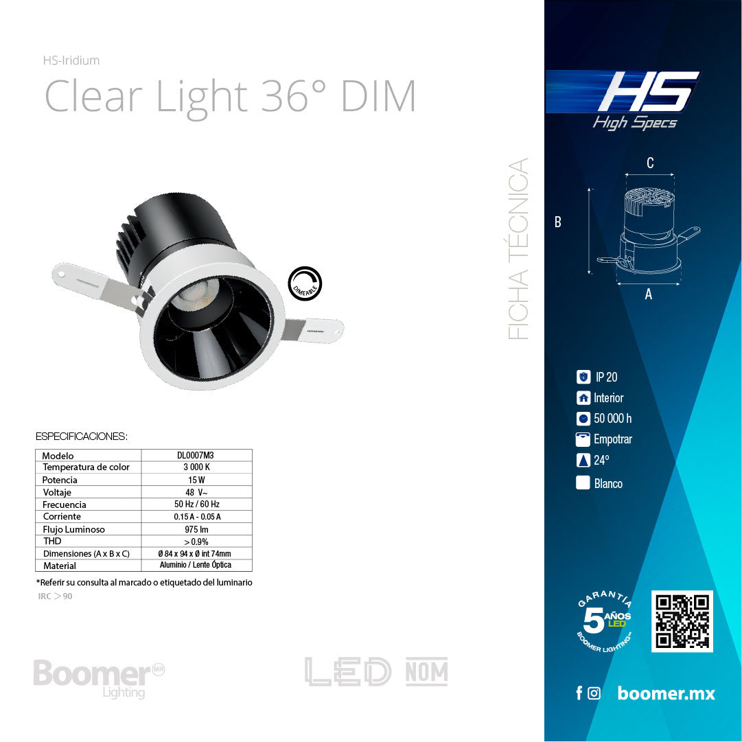 EMPOTRABLE HS IRIDIUM 36° DIM 0-10V, 75mm, 15W, 3000K, 975LM