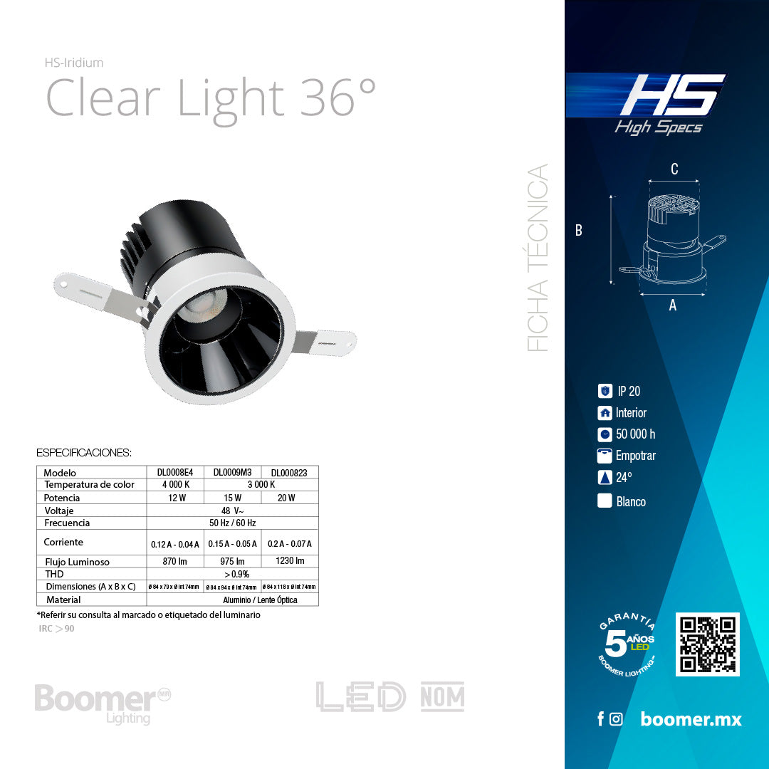 EMPOTRABLE HS IRIDIUM 36°, 75mm, 15W, 3000K, 975LM