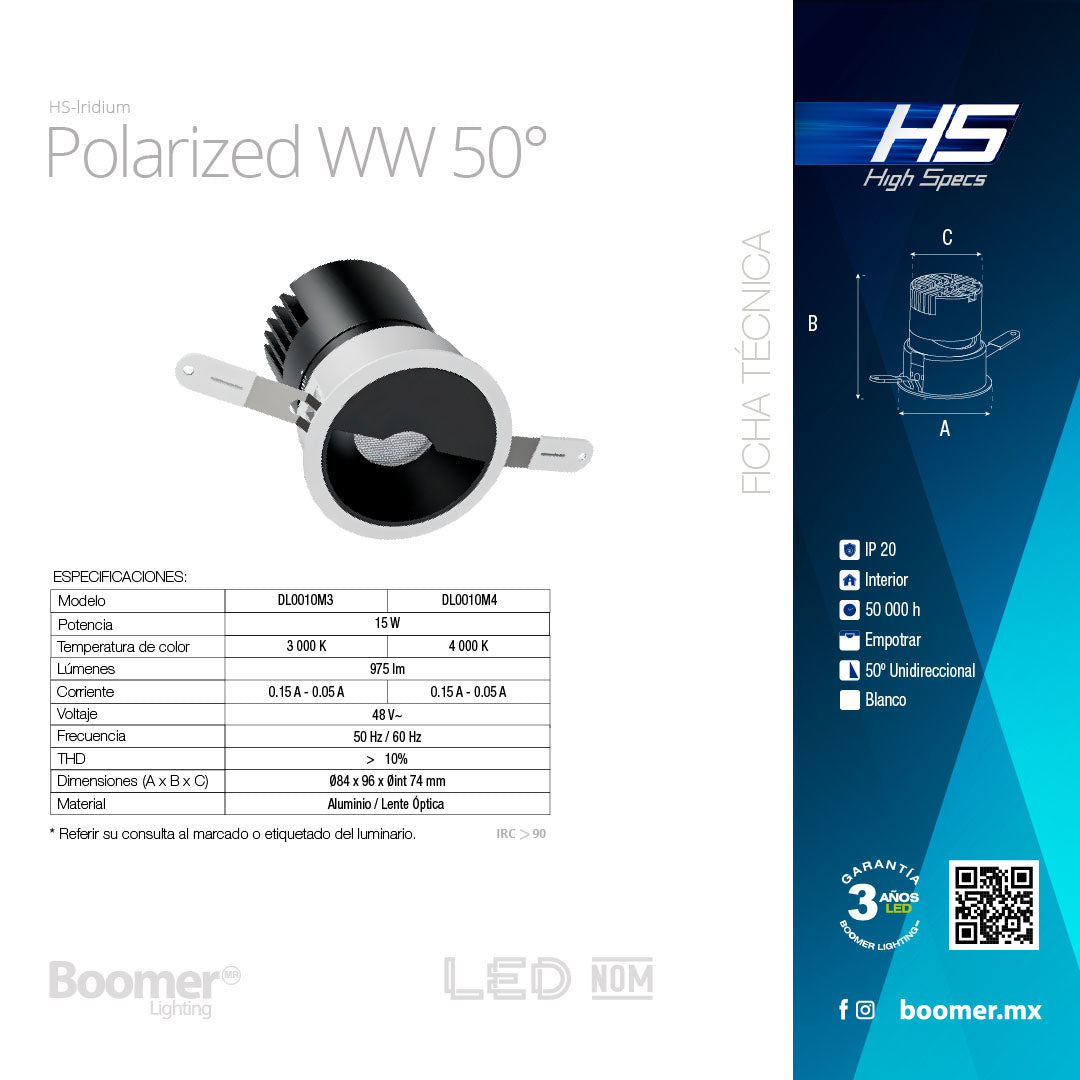 EMPOTRABLE HS IRIDIUM WW, 75 mm, 15W, 3000K, 975LM