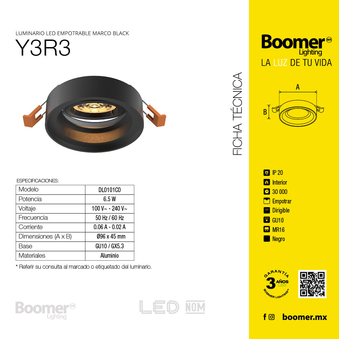 MARCO EMPOTRABLE Y3R3 NEGRO PARA FOCO LED, 6.5W, GU10 Y MR16