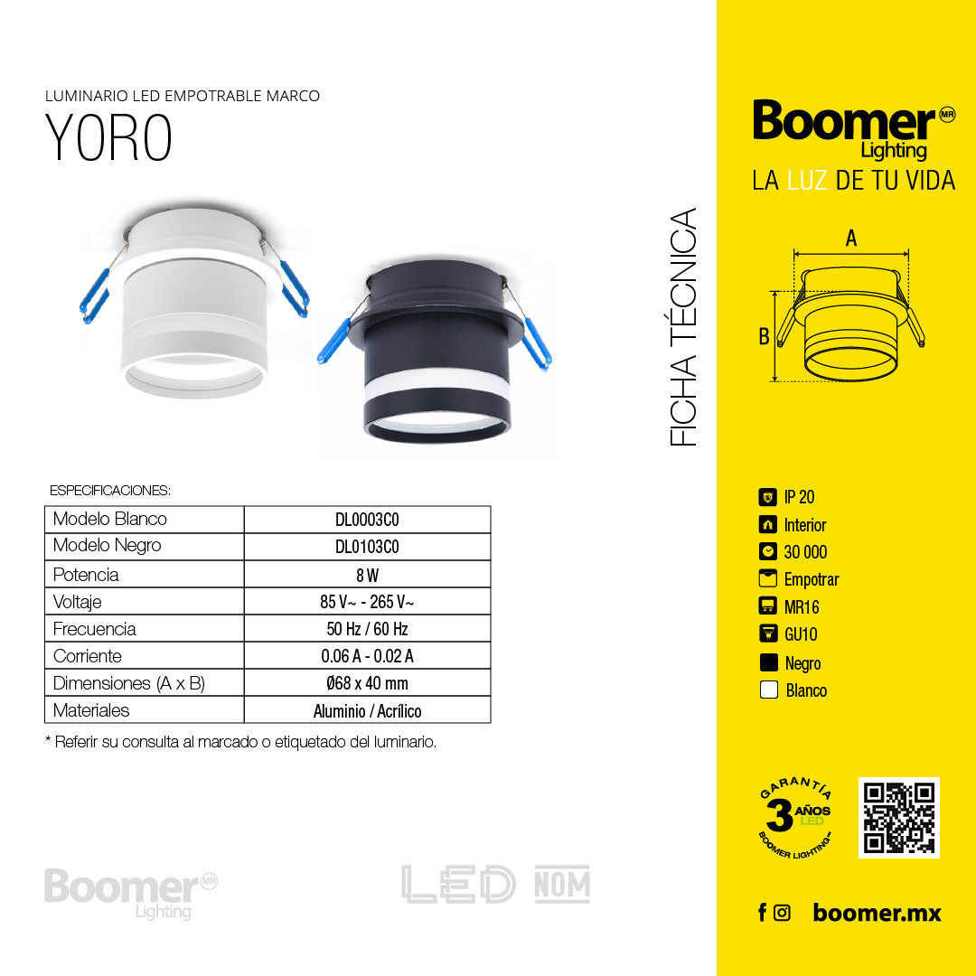 MARCO EMPOTRABLE NEGRO Y0R0 PARA FOCO LED, 6.5W, BASE MR16