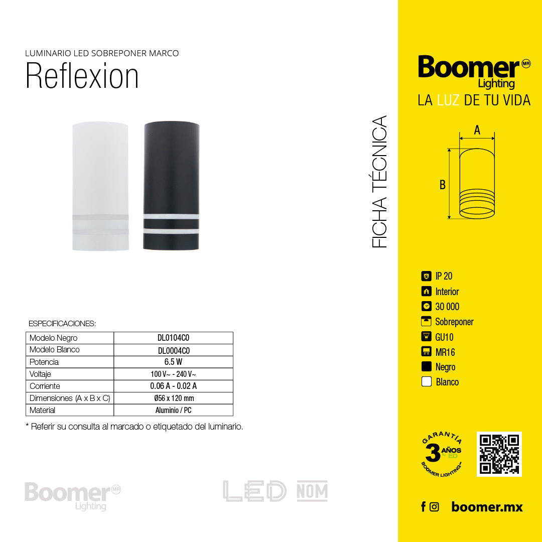 MARCO SOBREPONER NEGRO REFLEXION, FOCO LED, 6.5W, BASE GU10