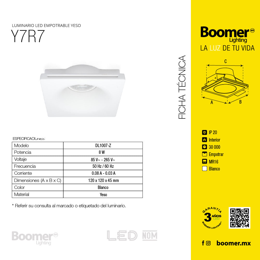 MARCO EMPOTRABLE Y7R7 DE YESO PARA FOCO LED, 8W, BASE MR16