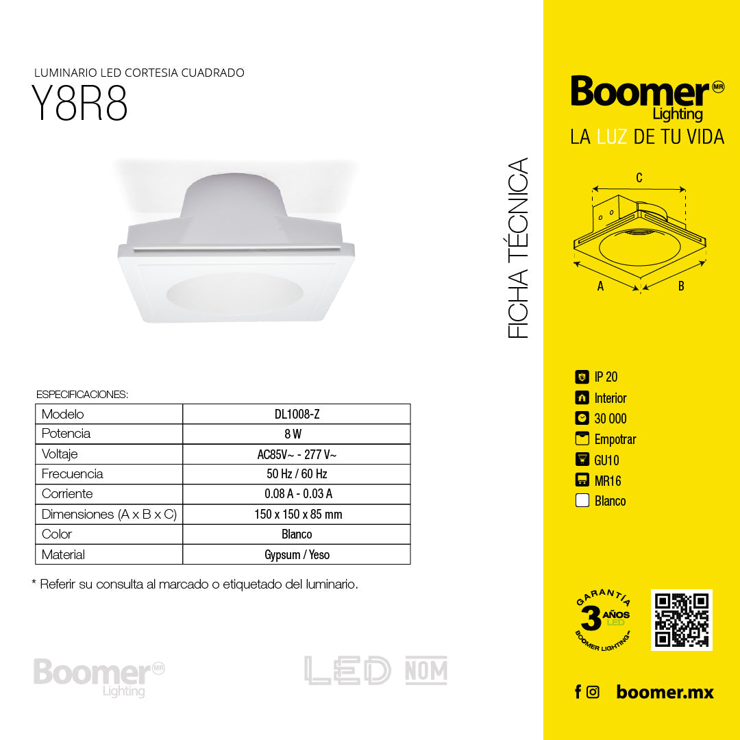 MARCO EMPOTRABLE Y8R8 DE YESO PARA FOCO LED, 8W, BASE MR16
