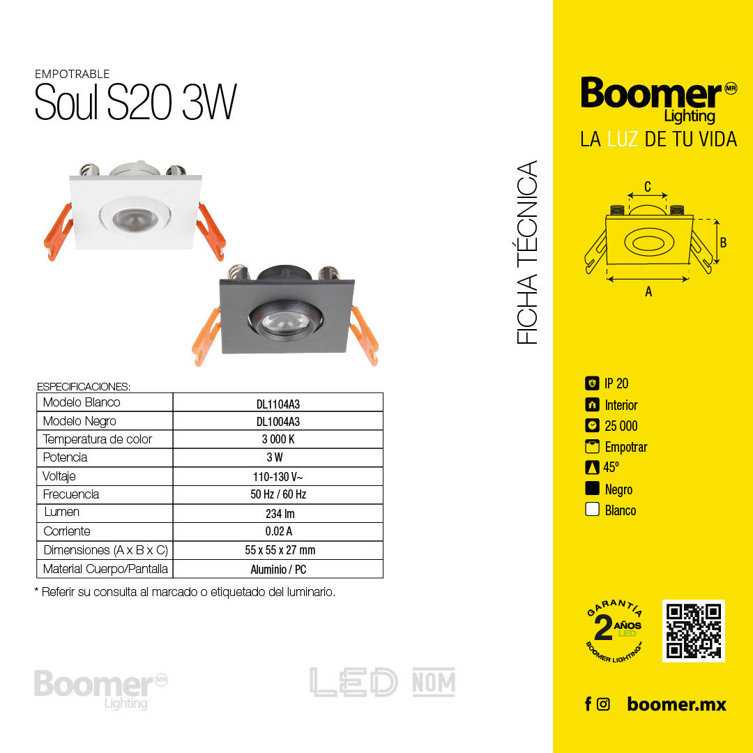 EMPOTRABLE SOUL NEGRO, 3W, LUZ CÁLIDA, 234 lm, NO ATENUABLE