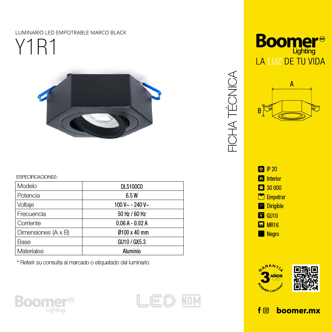 MARCO EMPOTRABLE NEGRO Y1R1 PARA FOCO LED, 6.5W, GU10 Y MR16