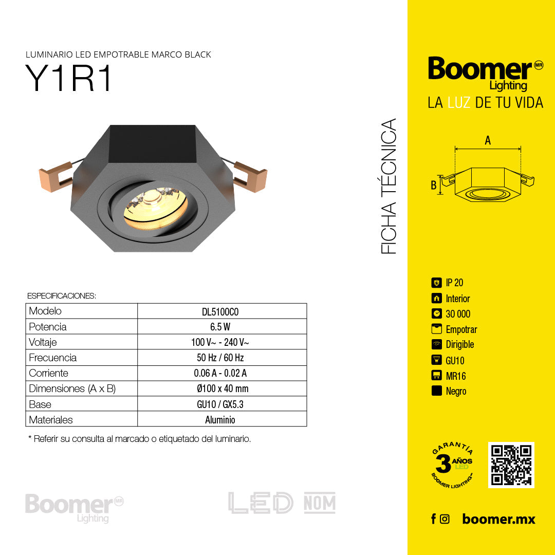 MARCO EMPOTRABLE NEGRO Y1R1 PARA FOCO LED, 6.5W, GU10 Y MR16