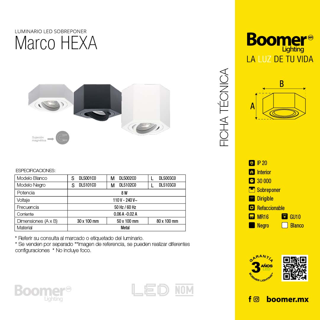 MARCO SOBREPONER NEGRO HEXA L, CON IMÁN, BASE GU10 Y MR16